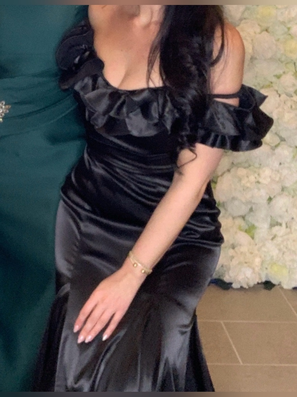 MACDUGGAL Off-Shoulder Black Satin Evening Gown with Floral Detail - Picture 6 of 7